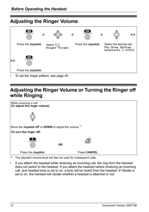 Page 12Before Operating the Handset
12 Document Version 2007-06  
Adjus ting the Ringer Volume
• To set the ringer pattern, see page 49.
Adjus ting the Ringer Volume or Turning th e R ing er off while Rin ging
*1 The adjusted volume level will also be used for subsequent calls.
• If you attach the headset while receiving an incoming call, the ring from the handset 
does not switch to the headset. If you attach the headset before receiving an incoming 
call, and headset tone is set to on, a tone will be heard...