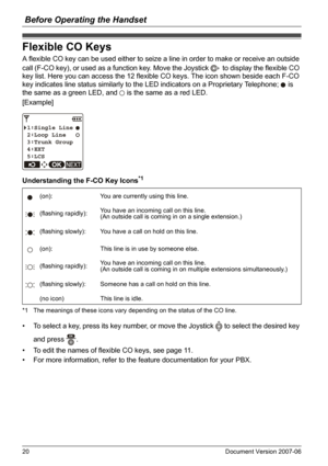 Page 20Before Operating the Handset
20 Document Version 2007-06  
Flexible CO Keys
A flexible CO key can be used either to seize a line in order to make or receive an outside 
call (F-CO key), or used as a function key. Move the Joystick   to display the flexible CO 
key list. Here you can access the 12 flexible CO keys. The icon shown beside each F-CO 
key indicates line status similarly to the LED indicators on a Proprietary Telephone;   is 
the same as a green LED, and   is the same as a red LED.
[Example]...