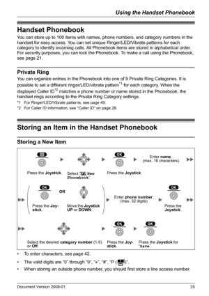 Page 35Using the Handset Phonebook
Document Version 2008-01   35
Handset Phonebook
You can store up to 100 items with names, phone numbers, and category numbers in the 
handset for easy access. You can set unique Ringer/LED/Vibrate patterns for each 
category to identify incoming calls. All Phonebook items are stored in alphabetical order. 
For security purposes, you can lock the Phonebook. To make a call using the Phonebook, 
see page 21.
Private Ring
You can organize entries in the Phonebook into one of 9...