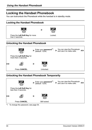 Page 44Using the Handset Phonebook
44 Document Version 2008-01  
Locking the Handset Phonebook
You can lock/unlock the Phonebook while the handset is in standby mode.
Locking the Handset Phonebook
Unlocking the Handset Phonebook
Unlocking the Handset Phonebook Temporarily
*1 To change the password, see page 54.
Locking the Handset Phonebook
Locking the Handset Phonebook
Press the Left Soft Key for more 
than 2 seconds.Locked.
Unlocking the Handset Phonebook
Enter your password*1. 
(default: 1234)You can view...