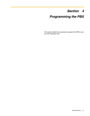 Page 41Getting Started 41
Section 4
Programming the PBX
This section details the procedure to program the PBX to use 
the VoIP Gateway Card. 