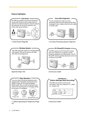 Page 22 User Manual
Feature Highlights
1.8 Call Center (Page 86) 1.9.3 Voice Processing System (Page 94)
Appendix (Page 139) Consult your dealer
1.1 Before Operating the Telephones (Page 
16)Consult your dealer
This PBX can establish Incoming Call Distribution 
Groups (ICD Group) by which a large volume of 
calls from the external customers could be received.
One extension can act as the supervisor, and 
monitor other group members.
Call Center
QueuingCustomers
ICD 
Group 01
ICD 
Group 02
You can forward your...