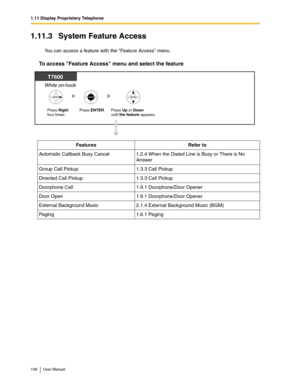 Page 1081.11 Display Proprietary Telephone
108 User Manual
1.11.3 System Feature Access
You can access a feature with the Feature Access menu.
To access Feature Access menu and select the feature
Features Refer to
Automatic Callback Busy Cancel 1.2.4 When the Dialed Line is Busy or There is No 
Answer
Group Call Pickup 1.3.3 Call Pickup
Directed Call Pickup 1.3.3 Call Pickup
Doorphone Call 1.9.1 Doorphone/Door Opener
Door Open 1.9.1 Doorphone/Door Opener
External Background Music 2.1.4 External Background Music...