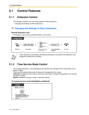 Page 1102.1 Control Features
110 User Manual
2.1 Control Features
2.1.1 Extension Control
The manager extension can control the settings of other extensions.
— Changing the Settings of Other Extensions
 Changing the Settings of Other Extensions
Remote Extension Lock
This feature is also known as Remote Station Lock Control.
2.1.2 Time Service Mode Control
The manager extension or the preprogrammed extension can change the time mode (Day, Lunch, 
Break or Night).
There are two methods (Automatic or Manual) of...