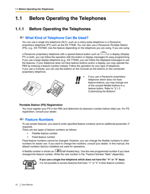 Page 161.1 Before Operating the Telephones
16 User Manual
1.1 Before Operating the Telephones
1.1.1 Before Operating the Telephones
 What Kind of Telephone Can Be Used?
You can use a single line telephone (SLT), such as a rotary pulse telephone or a Panasonic 
proprietary telephone (PT) such as the KX-T7636. You can also use a Panasonic Portable Station 
(PS), e.g., KX-TD7690. Use the feature depending on the telephone you are using. If you are using 
a Panasonic proprietary telephone with a special feature...