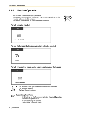 Page 681.4 During a Conversation
68 User Manual
1.4.8 Headset Operation
To talk using the headset
To use the handset during a conversation using the headset 
To talk in hands-free mode during a conversation using the headset
You can have a conversation using a headset.
In this case, you must select Headset on in programming mode or set the 
Headset button on (red) in advance.
This feature is also known as Handset/Headset Selection.
The Headset button light shows the current status as follows:
Off: Headset mode...