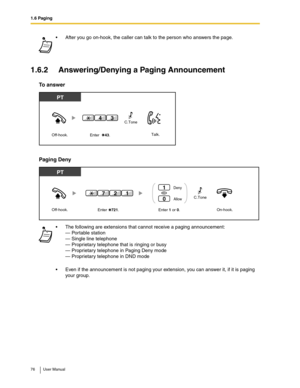 Page 761.6 Paging
76 User Manual
1.6.2 Answering/Denying a Paging Announcement
To answer
Paging Deny
After you go on-hook, the caller can talk to the person who answers the page.
The following are extensions that cannot receive a paging announcement:
— Por ta ble stat ion
— Single line telephone
— Proprietary telephone that is ringing or busy
— Proprietary telephone in Paging Deny mode
— Proprietary telephone in DND mode
Even if the announcement is not paging your extension, you can answer it, if it is...