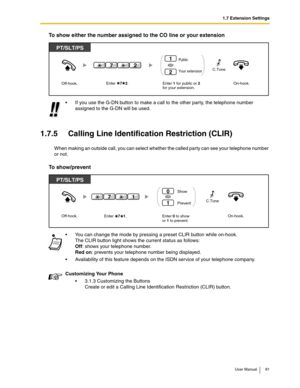 Page 811.7 Extension Settings
User Manual 81
To show either the number assigned to the CO line or your extension
1.7.5 Calling Line Identification Restriction (CLIR)
When making an outside call, you can select whether the called party can see your telephone number 
or not.
To show/prevent
If you use the G-DN button to make a call to the other party, the telephone number 
assigned to the G-DN will be used.
You can change the mode by pressing a preset CLIR button while on-hook. 
The CLIR button light shows the...