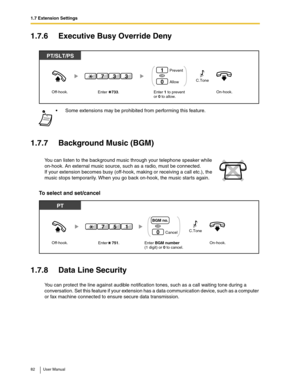 Page 821.7 Extension Settings
82 User Manual
1.7.6 Executive Busy Override Deny
1.7.7 Background Music (BGM)
To select and set/cancel
1.7.8 Data Line Security
You can protect the line against audible notification tones, such as a call waiting tone during a 
conversation. Set this feature if your extension has a data communication device, such as a computer 
or fax machine connected to ensure secure data transmission.Some extensions may be prohibited from performing this feature.
You can listen to the...