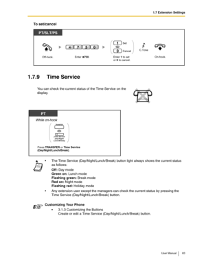 Page 831.7 Extension Settings
User Manual 83
To set/cancel
1.7.9 Time Service
You can check the current status of the Time Service on the 
display.
The Time Service (Day/Night/Lunch/Break) button light always shows the current status 
as follows:
Off: Day mode
Green on: Lunch mode
Flashing green: Break mode
Red on: Night mode
Flashing red: Holiday mode
Any extension user except the managers can check the current status by pressing the 
Time Service (Day/Night/Lunch/Break) button.
Customizing Your Phone
3.1.3...