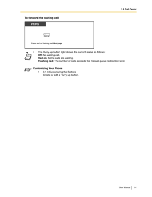 Page 911.8 Call Center
User Manual 91
To forward the waiting call
The Hurry-up button light shows the current status as follows:
Off: No waiting call.
Red on: Some calls are waiting. 
Flashing red: The number of calls exceeds the manual queue redirection level.
Customizing Your Phone
3.1.3 Customizing the Buttons
Create or edit a Hurry-up button.
PT/PS
Press red or flashing red Hurry-up.
(Hurry-up) 