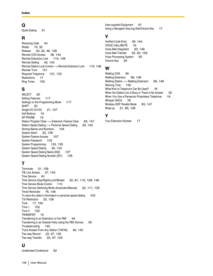 Page 158Index
158 User Manual
Q
Quick Dialing 31
R
Receiving Calls 44
Redial 19, 32
Release 20, 22, 46, 128
Remote COS Access 38, 144
Remote Extension Lock 110, 148
Remote Setting 42, 144
Remote Station Lock Control —> Remote Extension Lock 110, 148
Reorder Tone 151
Required Telephone 131, 133
Restrictions 17
Ring Tones 150
S
SELECT 20
Setting Features 117
Settings on the Programming Mode 117
SHIFT 20
Single-CO (S-CO) 21, 127
Soft Buttons 19
SP-PHONE 19
Station Program Clear —> Extension Feature Clear 83, 147...