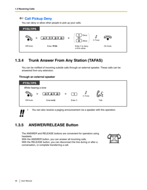 Page 461.3 Receiving Calls
46 User Manual
 Call Pickup Deny
You can deny or allow other people to pick up your calls.
1.3.4 Trunk Answer From Any Station (TAFAS)
You can be notified of incoming outside calls through an external speaker. These calls can be 
answered from any extension.
Through an external speaker
1.3.5 ANSWER/RELEASE Button
You can also receive a paging announcement via a speaker with this operation.
The ANSWER and RELEASE buttons are convenient for operators using 
headsets.
With the ANSWER...