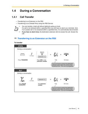 Page 491.4 During a Conversation
User Manual 49
1.4 During a Conversation
1.4.1 Call Transfer
— Transferring to an Extension on the PBX
— Transferring to an Outside Party Using the PBX Service
 Transferring to an Extension on the PBX
To transfer
You can transfer a held call without talking by going on-hook.
If a call is not retrieved within a specified time, you will hear an alarm as a reminder. And, 
if an outside call is not answered within a specified time, it is automatically disconnected.
If you hear an...