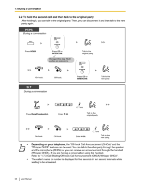 Page 581.4 During a Conversation
58 User Manual
2.2 To hold the second call and then talk to the original party 
After holding it, you can talk to the original party. Then, you can disconnect it and then talk to the new 
party again.
Depending on your telephone, the Off-hook Call Announcement (OHCA) and the 
Whisper OHCA features can be used. You can talk to the other party through the speaker 
and the microphone (OHCA) or you can receive an announcement through the handset 
(Whisper OHCA), if you are having a...