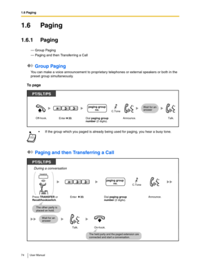 Page 741.6 Paging
74 User Manual
1.6 Paging
1.6.1 Paging
— Group Paging
— Paging and then Transferring a Call
 Group Paging
You can make a voice announcement to proprietary telephones or external speakers or both in the 
preset group simultaneously.
To  p a g e
 Paging and then Transferring a Call
If the group which you paged is already being used for paging, you hear a busy tone.
Off-hook.Talk.Announce.
PT/SLT/PS
Dial paging group
number (2 digits). Enter    33.
Wait for an 
answerpaging group
no.33C.Tone...