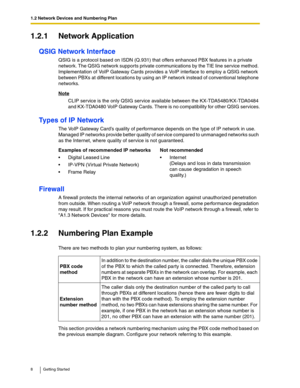 Page 81.2 Network Devices and Numbering Plan
8 Getting Started
1.2.1 Network Application
QSIG Network Interface
QSIG is a protocol based on ISDN (Q.931) that offers enhanced PBX features in a private 
network. The QSIG network supports private communications by the TIE line service method. 
Implementation of VoIP Gateway Cards provides a VoIP interface to employ a QSIG network 
between PBXs at different locations by using an IP network instead of conventional telephone 
networks.
Note
CLIP service is the only...