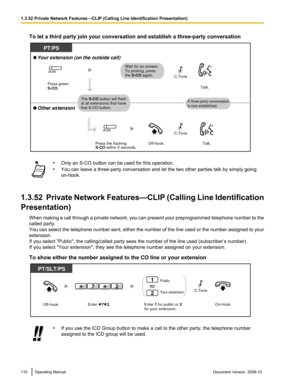 Page 110To let a third party join your conversation and establish a three-party conversation
•
Only an S-CO button can be used for this operation.
• You can leave a three-party conversation and let the two other parties talk by simply going
on-hook.
1.3.52  Private Network Features—CLIP (Calling Line Identification
Presentation) When  making 
a call through a private network, you can present your preprogrammed telephone number to the
called party.
You can select the telephone number sent, either the number of...