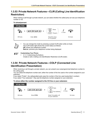 Page 1111.3.53  Private Network Features—CLIR (Calling Line Identification
Restriction)
When  making 
a call through a private network, you can select whether the called party can see your telephone
number or not.
To show/prevent •
You can change the mode by pressing a preset CLIR button while on-hook.
The CLIR button light shows the current status as follows:
Off: shows your telephone number.
Red on: prevents your telephone number being displayed. Customizing Your Phone
•
3.1.4  Customizing the Buttons
Create...