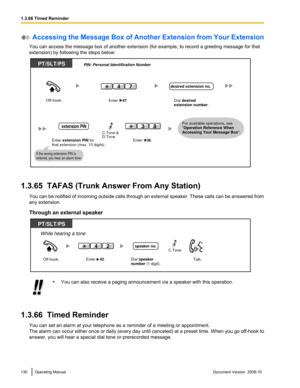 Page 130 Accessing the Message Box of Another Extension from Your Extension
You can access the message box of another extension (for example, to record a greeting message for that
extension) by following the steps below: 1.3.65  TAFAS (Trunk Answer From Any Station)
You  can 
be notified of incoming outside calls through an external speaker. These calls can be answered from
any extension.
Through an external speaker •
You can also receive a paging announcement via a speaker with this operation.
1.3.66  Timed...