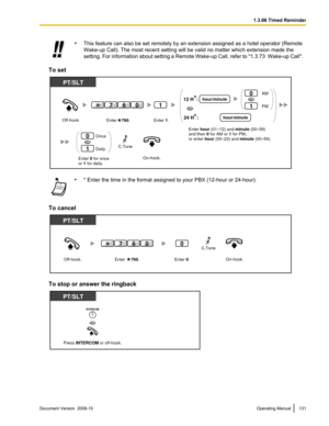 Page 131•
This feature can also be set remotely by an extension assigned as a hotel operator (Remote
Wake-up Call). The most recent setting will be valid no matter which extension made the
setting.  For 
information about setting a Remote Wake-up Call, refer to "1.3.73  Wake-up Call".
To set •
* Enter the time in the format assigned to your PBX (12-hour or 24-hour).
To cancel To stop or answer the ringback
Document Version  2008-10  
Operating Manual 131 1.3.66 Timed Reminder On-hook.Enter 0 for once
or...