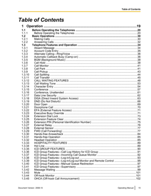 Page 15Table of Contents
1 Operation .. .............................................................................................. 19
1.1
Before Operating the Telephones .. ............................................................................... 20
1.1.1 Before Operating the Telephones .. ................................................................................ 20
1.2 Basic Operations ................................................................................................................