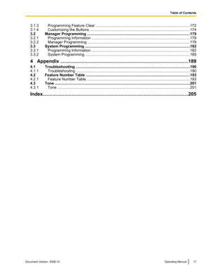 Page 173.1.3 Programming Feature Clear ..
....................................................................................... 172
3.1.4 Customizing the Buttons .. ............................................................................................ 174
3.2
Manager Programming ................................................................................................. 179
3.2.1 Programming Information .. ..............................................................................................