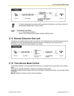 Page 161•
To restart monitoring of an extension after performing this operation, go off-hook, press the
corresponding NDSS button, and go on-hook. Customizing Your Phone
•
3.1.4  Customizing the Buttons
Create or edit a Network Direct Station Selection (NDSS) button.
2.1.5  Remote Extension Dial Lock This feature can override Extension Dial Lock (refer to  1.3.24  Extension Dial Lock
) that has been set by an
extension user. If the manager extension locks the extension, the extension user cannot unlock it.
This...