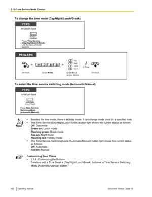 Page 162To change the time mode (Day/Night/Lunch/Break)
To select the time service switching mode (Automatic/Manual)
•
Besides  the  time mode, there is Holiday mode. It can change mode once on a specified date.
• The Time Service (Day/Night/Lunch/Break) button light shows the current status as follows:
Off: Day mode
Green on: Lunch mode
Flashing green:  Break mode
Red on: Night mode
Flashing red:  Holiday mode
• The Time Service Switching Mode (Automatic/Manual) button light shows the current status
as...