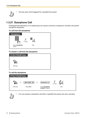 Page 70•
The door open will be triggered for a specified time period.
1.3.21  Doorphone Call Preprogrammed extensions or an outside party can receive a call from a doorphone, and talk to the person
through the doorphone.
To call from the doorphone To answer a call from the doorphone
To call the doorphone
•
If no one answers a doorphone call within a specified time period, the call is canceled. 70 Operating Manual
Document Version  2008-10  1.3.21 Doorphone Call Press doorphone
button. 
Doorphone
Talk.
C.Tone...