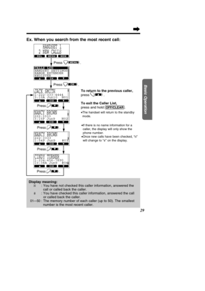 Page 2929
Ex. When you search from the most recent call:
Display meaning:N : You have not checked this caller information, answered the 
call or called back the caller.
# : You have checked this caller information, answered the call  
or called back the caller.
01 —50: The memory number of each caller (up to 50). The smallest
number is the most recent caller.
Basic Operation
Press .)
(MENU
Press .)(
To return to the previous caller, 
press . 
To exit the Caller List, 
press and hold 
(OFF/CLE\bR).
• The handset...