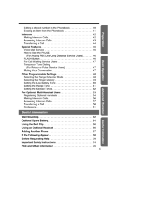 Page 5Preparation
Basic Operation
Advanced Operation
Useful Information
5
Editing a stored number in the Phonebook  . . . . . . . . . . . . . . . . 40 
Erasing an Item from the Phonebook  . . . . . . . . . . . . . . . . . . . . 41
Intercom . . . . . . . . . . . . . . . . . . . . . . . . . . . . . . . . . . . . \
. . . . . . . 42
Making Intercom Calls . . . . . . . . . . . . . . . . . . . . . . . . . . . . . . . . 42
Answering Intercom Calls . . . . . . . . . . . . . . . . . . . . . . . . . . . . . 43...