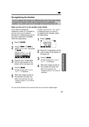 Page 55In case “SEARCHING FOR BASE ”
is displayed when you want to  
re-registered the handset, follow
the steps below.
1
Press .
2
Enter the 15-digit Base Unit ID
code located on the bottom of
the base unit.
3
Press .
• A beep sounds and  “PLEASE
WAIT!! ” is displayed.
4
Wait until a beep sounds on
the handset and base unit. 
• After a few seconds, the 
handset number (1 to 4) will be
displayed.
)
(OK
)
(NEW
If you want to change the 
registered number of a handset so
you can use it as an optional
handset for...