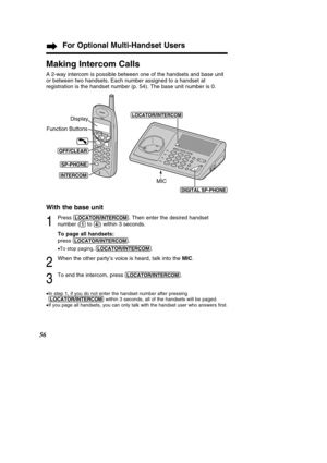 Page 5656
Making Intercom Calls
A 2-way intercom is possible between one of the handsets and base unit 
or between two handsets. Each number assigned to a handset at
registration is the handset number (p. 54). The base unit number is 0.\
For Optional Multi-Handset Users
With the base unit
1
Press (LOCATOR/INT\fRCOM). Then enter the desired handset
number (
(1)to (4)) within 3 seconds. 
To page all handsets: 
press 
(LOCATOR/INT\fRCOM).
• To stop paging,  (LOCATOR/INT\fRCOM) . 
2
When the other party’s voice is...