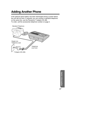 Page 6767
Useful Information
Adding Another Phone
If the optional spare battery has been discharged during a power failure\
, 
the unit will not work. If required, you can connect a standard telephon\
e
on the same line, use the Panasonic T-adaptor KX-J66.
To order, call the accessories telephone number on page 2.
T-Adaptor (KX-J66)
Single-Line  
Telephone Jack
Telephone 
Line Cord
Standard Telephone 