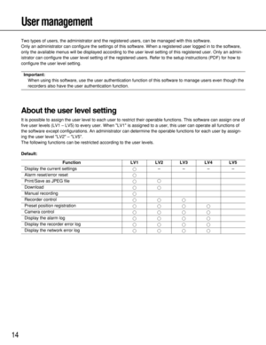 Page 1414
Two types of users, the administrator and the registered users, can be managed with this software.
Only an administrator can configure the settings of this software. When a registered user logged in to the software,
only the available menus will be displayed according to the user level setting of this registered user. Only an admin-
istrator can configure the user level setting of the registered users. Refer to the setup instructions (PDF) for how to
configure the user level setting.
Important:
When...