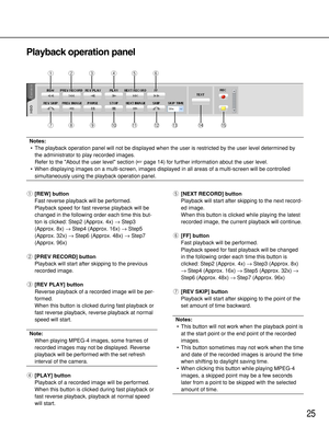 Page 2525
Playback operation panel
Notes:
•The playback operation panel will not be displayed when the user is restricted by the user level determined by
the administrator to play recorded images.
Refer to the About the user level section (page 14) for further information about the user level.
•When displaying images on a multi-screen, images displayed in all areas of a multi-screen will be controlled
simultaneously using the playback operation panel. 
q[REW] button
Fast reverse playback will be performed....