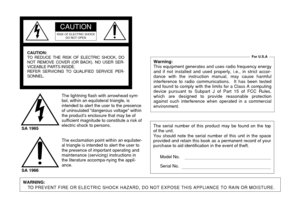 Page 2WARNING:TO PREVENT FIRE OR ELECTRIC SHOCK HAZARD, DO NOT EXPOSE THIS APPLIANCE TO RAIN OR MOISTURE.
The serial number of this product may be found on the top
of the unit.
You should note the serial number of this unit in the space
provided and retain this book as a permanent record of your
purchase to aid identification in the event of theft.
Model No.
Serial No.
Warning:This equipment generates and uses radio frequency energy
and if not installed and used properly, i.e., in strict accor-
dance with the...