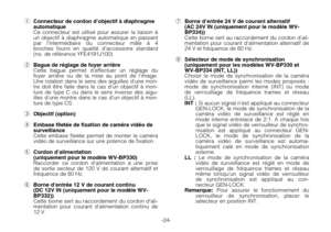 Page 26-24-
qConnecteur de cordon d’objectif à diaphragme
automatique
Ce connecteur est utilisé pour assurer la liaison à
un objectif à diaphragme automatique en passant
par l’intermédiaire du connecteur mâle à 4
broches fourni en qualité d’accessoire standard
(no. de référence YFE4191J100)
wBague de réglage de foyer arrièreCette bague permet d’effectuer un réglage du
foyer arrière ou de la mise au point de l’image.
Une rotation dans le sens des aiguilles d’une mon-
tre doit être faite dans le cas d’un objectif...