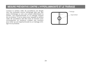 Page 36-34-
 




Sujet brillant
Traînage
MESURE PRÉVENTIVE CONTRE L’HYPERLUMINOSITÉ ET LE TRAÎNAGE
Lorsque la caméra vidéo de surveillance est dirigée
vers une puissante source d’éclairage telle que des
spots d’éclairage ou vers une surface réfléchissant la
lumière, une hyperluminosité ou un traînage risquent
de se produire. C’est la raison pour laquelle la caméra
vidéo de surveillance doit être mise en fonction avec
circonspection en présence d’objets très lumineux
pour éviter qu’une hyperluminosité ou un...