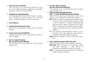 Page 7-5-
qAuto Iris lens ConnectorThis connector is for connecting the auto iris lens
by a 4-pin male connector supplied as a standard
accessory (Part No. YFE4191J100).
wFlange-back Adjusting RingThis ring adjusts the back focal length or picture
focus. Rotate this ring clockwise for a C-mount
lens or counterclockwise for a CS-mount lens.
eLens (option)
rCamera Mounting Screw HoleThis hole for mounting the camera onto a mounting
bracket.
tPower Cord (only WV-BP330)Connect this power cord to an electrical...