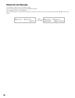 Page 3636
Reboot the Unit Manually
It is possible to reboot the unit manually as follow.
Press the [SET] button while displaying the [REBOOT] display.
The message ACCEPT will be displayed.
When the [SET] button is pressed after moving the underscore mark below YES using the arrows button (Aor B), the unit will
reboot.
[SET] 