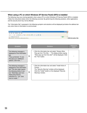 Page 5656
When using a PC on which Windows XP Service Pack2 (SP2) is installed
The following may occur during operation when using a PC on which Windows XP Service Pack2 (SP2) is installed.
Follow the instructions below when the following occurred. By performing the following solutions, other applications
and the security level may not be affected. 
The Information Bar expressed in the following symptom and solutions will be displayed just below the address bar
only when there is information to communicate....
