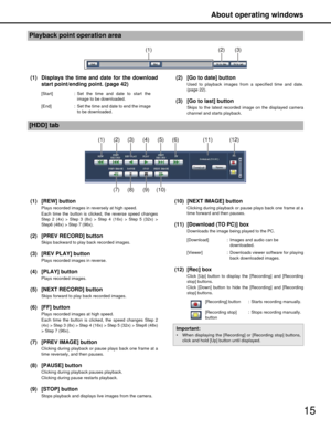 Page 15About operating windows
15
(1) Displays the time and date for the downloadstart point/ending point. (page 42) (2) [Go to date] button
Used to playback images from a specified time and date.
(page 22).
(3) [Go to last] button
Skips to the latest recorded 
image on the displayed camera
channel and starts playback.
(1) [REW] button
Plays recorded images in reversely at high speed.
Each time the button is clicked, the reverse speed changes
Step 2 (4x) > Step 3 ( 8x) > Step 4 (16x) > Step 5 (32x) >
Step6 (4...