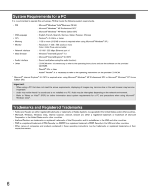 Page 66
It is recommended to operate this unit using a PC that meets the following system requirements. 
*Microsoft
® Internet Explorer® 6.0 SP2 is required when using Microsoft® Windows® XP Professional SP2 or Microsoft® Windows® XP Home
Edition SP2. 
 Adobe and Reader are either registered tr ademarks or trademarks of Adobe Systems Incorporated in the United States and/or othe r countries.
 Microsoft, Windows, Windows Vista, Internet Ex plorer, ActiveX, DirectX are either a registered trademark or trademark...