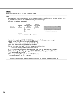 Page 1414
Step 3
Move the current directory to sd_data and obtain images.
Note:
• When logging in the unit, each directory will be displayed. Images on the SD memory card can be found in the
sd_data directory. Move to the sd_data directory and obtain images.

To obtain the image (img_0107010101230000.jpg) using the Windows command prompt
qEnter c:\>ftp 192.168.0.10 and press the [Enter] key.
FTP connection will be established with 192.168.0.10.
wLog in by entering the user name and the password. 
eEnter ftp> cd...