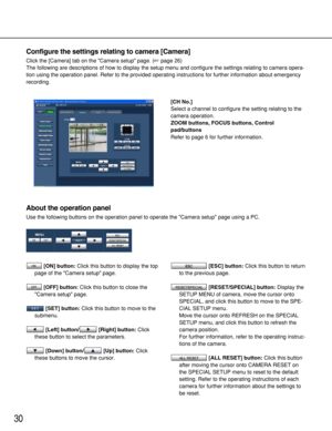 Page 3030
Configure the settings relating to camera [Camera]
Click the [Camera] tab on the Camera setup page. (page 26)
The following are descriptions of how to display the setup menu and configure the settings relating to camera opera-
tion using the operation panel. Refer to the provided operating instructions for further information about emergency
recording.
About the operation panel
Use the following buttons on the operation panel to operate the Camera setup page using a PC.
[ON] button:Click this button...