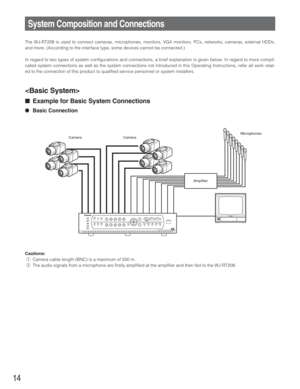 Page 14The WJ-RT208 is used to connect cameras, microphones, monitors, VGA monitors, PCs, networks, cameras, external HDDs,
and more. (According to the interface type, some devices cannot be connected.)
In regard to two types of system configurations and connections, a brief explanation is given below. In regard to more compli-
cated system connections as well as the system connections not introduced in this Operating Instructions, refer all work relat-
ed to the connection of this product to qualified service...