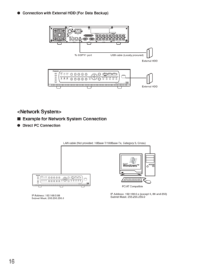 Page 1616
●Connection with External HDD (For Data Backup)

■Example for Network System Connection
●Direct PC Connection
ERRORALARMHDDTIMEROPERATE
12345
67890MENUESC
ALARM
RESETSEQUENCESTILL
PA U S E R E VFWD SKIP
STOP PLAY RECCOPY 2
SET
To COPY1 port USB cable (Locally procured)
External HDD
External HDD
MODEDATA10/100BASE-TCOPY1SERIALMONITOR(VGA)
TERMINAL/CONTROLAU D IO OUT
VIDEO OUT AC IN
SIGNAL GNDPOWER1
12
23
34
45
56
67
78
8
ONOFF
VIDEO IN
AUDIO IN
Digital Disk Recorder WJ-RT208208
WindowsxpMicrosoft
IP...