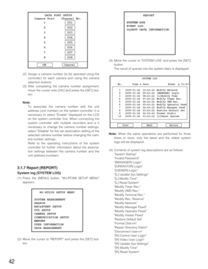 Page 4242
(3) Move the cursor to SYSTEM LOG and press the [SET]
button.
The result of queries into the system diary is displayed.
Note:When the same operations are performed for three
times or more, only the latest and the oldest system
logs will be displayed.
(4) Contents of system log descriptions are as follows:
System Startup
Invalid Password
[MANAGER] Login
[OPERATOR] Login
[VIEWER] Login
[L] Update Sys Settings
[L] Modify Time
[L] Reset System
Modify Timer Rec.
Modify VMD Rec.
Modify Terminal Rec.
Modify...